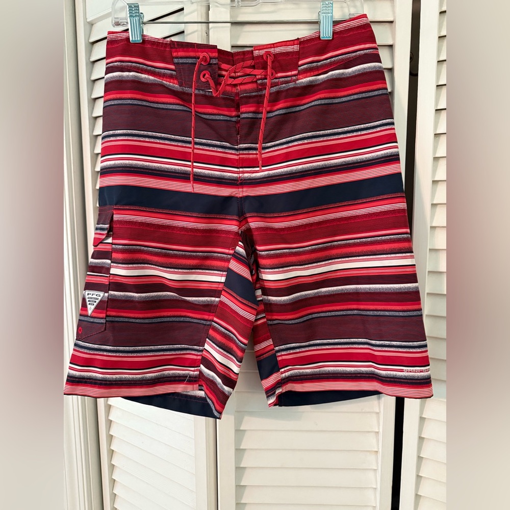 Columbia Men's Red and Navy Striped Board Shorts